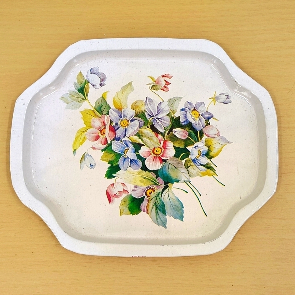 Flowers on Tray vintage decor white trim 7x6 painted serving tray home decor